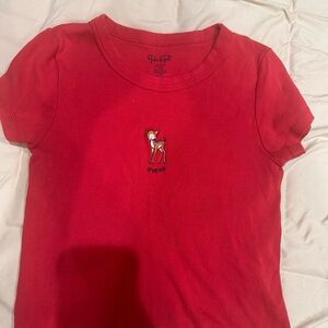 Brandy Melville Red Tee with Deer Embroidery